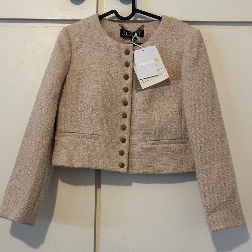 J. Crew Cream Bouclé Cropped Blazer with Button Front